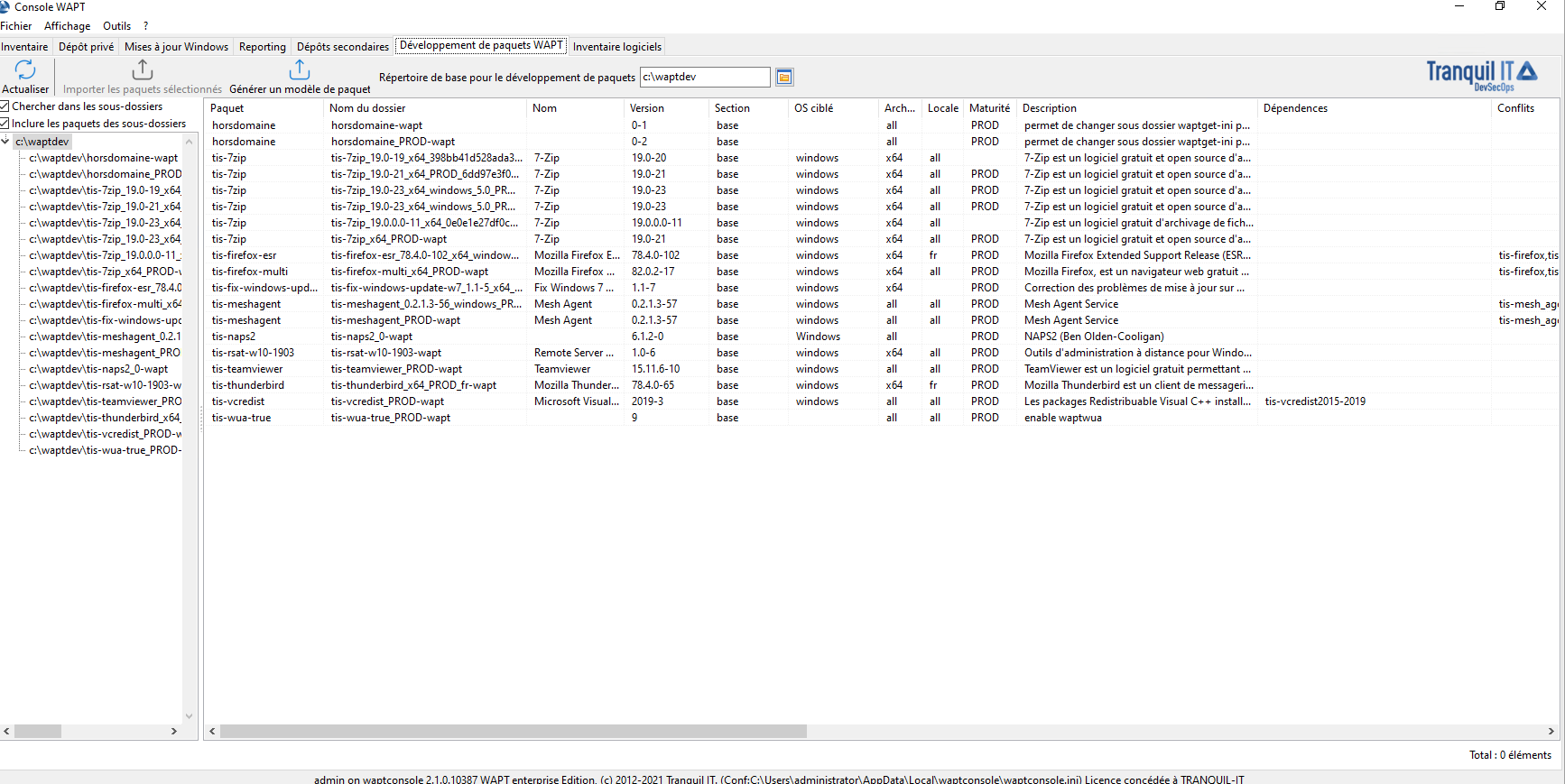 Overview of the "Package Development tab" of the WAPT console